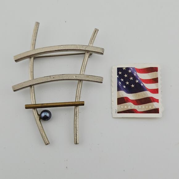 Abstract Brooch Pin Silver Tone Bars With Gold Tone Ladder Artistic Unique - Picture 3 of 4